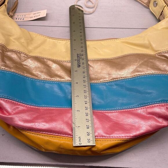 Vintage Shoulder Bag Medium Rainbow Vegan Leather Hobo Patchwork 80s‎ 90s Theme - Picture 4 of 8